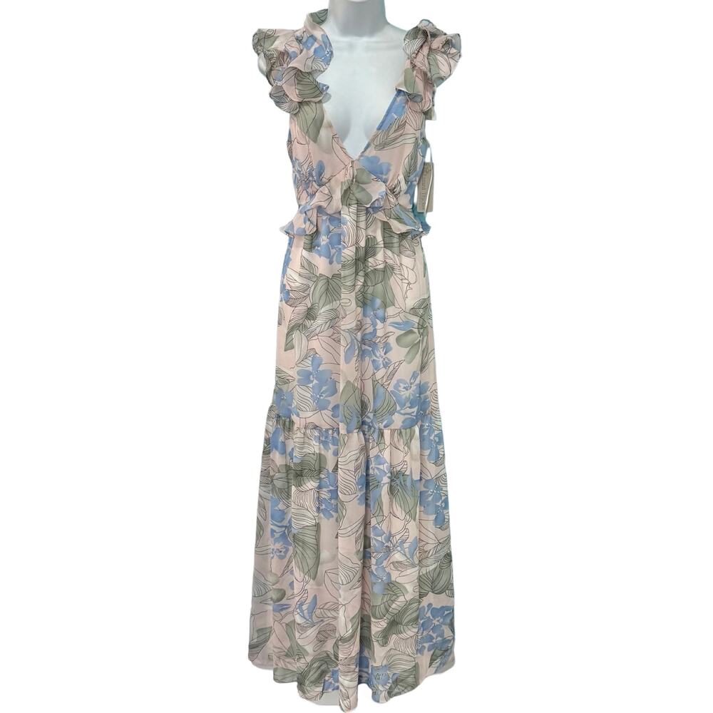 Big Water Blue Sky Pink Blue Green Floral Flutter Tie Back Maxi Dress S NEW Tags